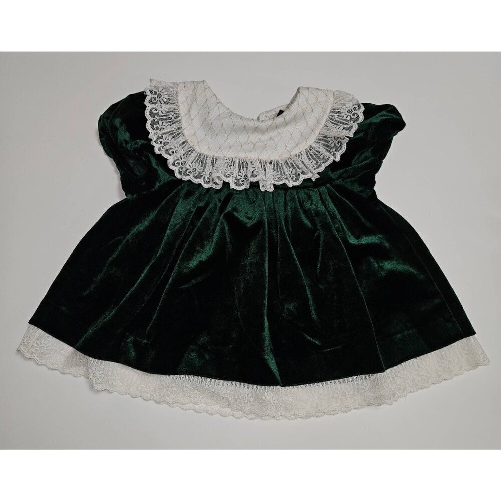 All Dressed Up Dress Baby Girl Size 12 Months Green Velvet Lace Trim Christmas